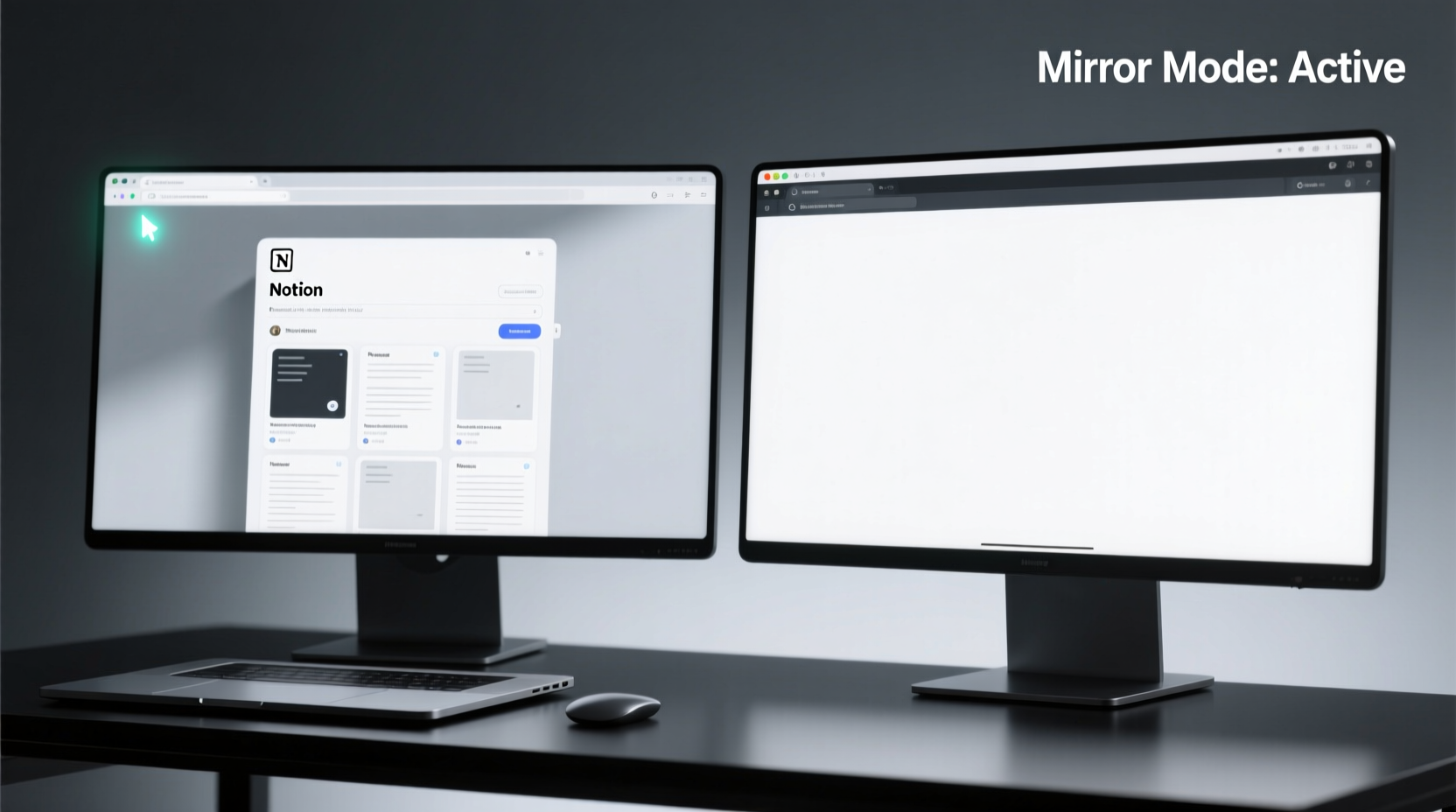 A split-screen diagram showing a laptop screen displaying a Slack interface and browser, while a second monitor shows only the browser window mirrored at identical resolution and scale—no taskbar, no desktop icons, no other windows visible.