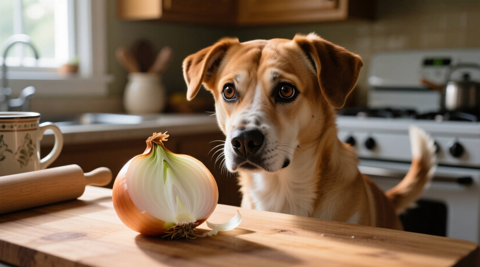 Dog looking concerned near onion on kitchen counter