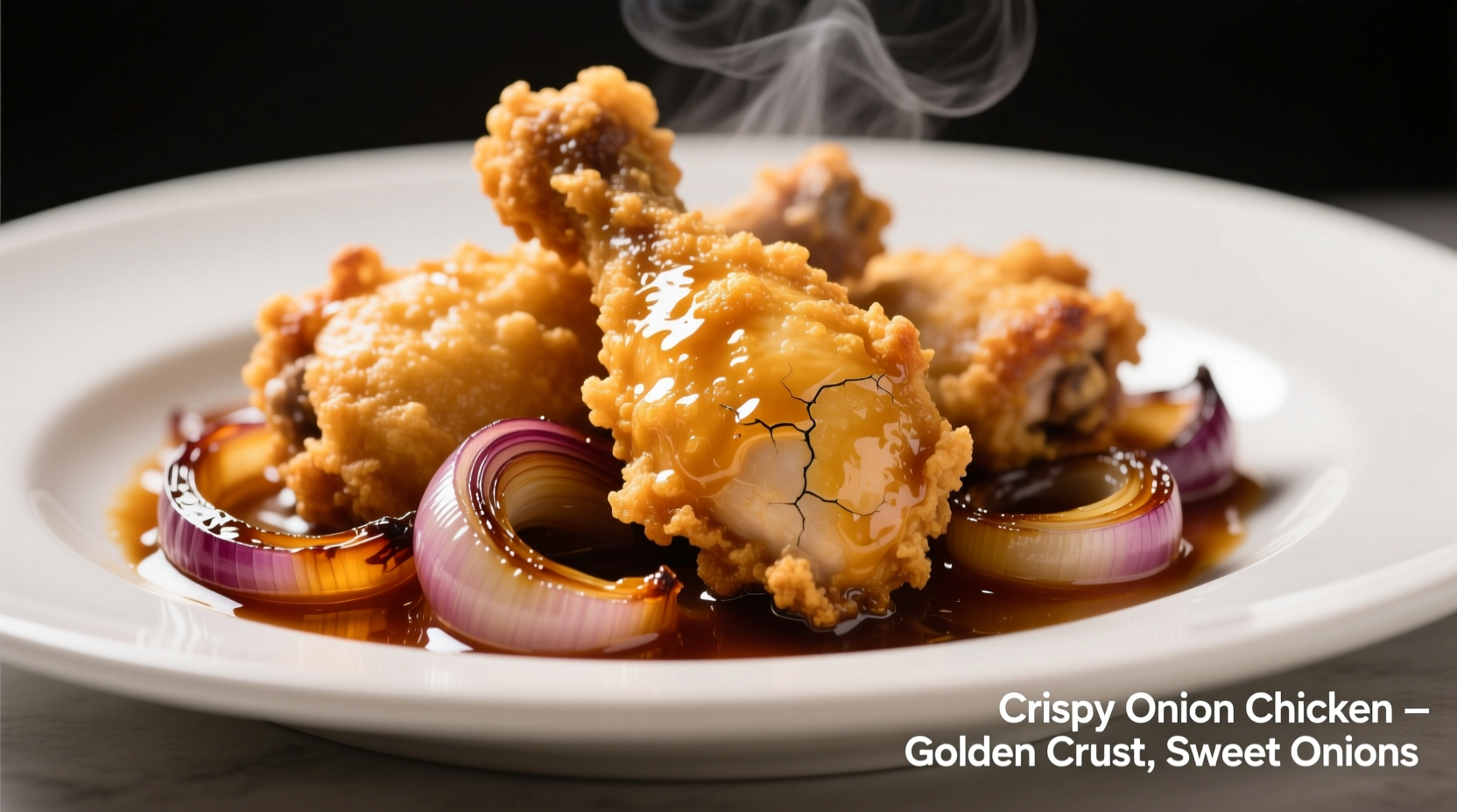 Crispy onion chicken with golden batter and caramelized onions