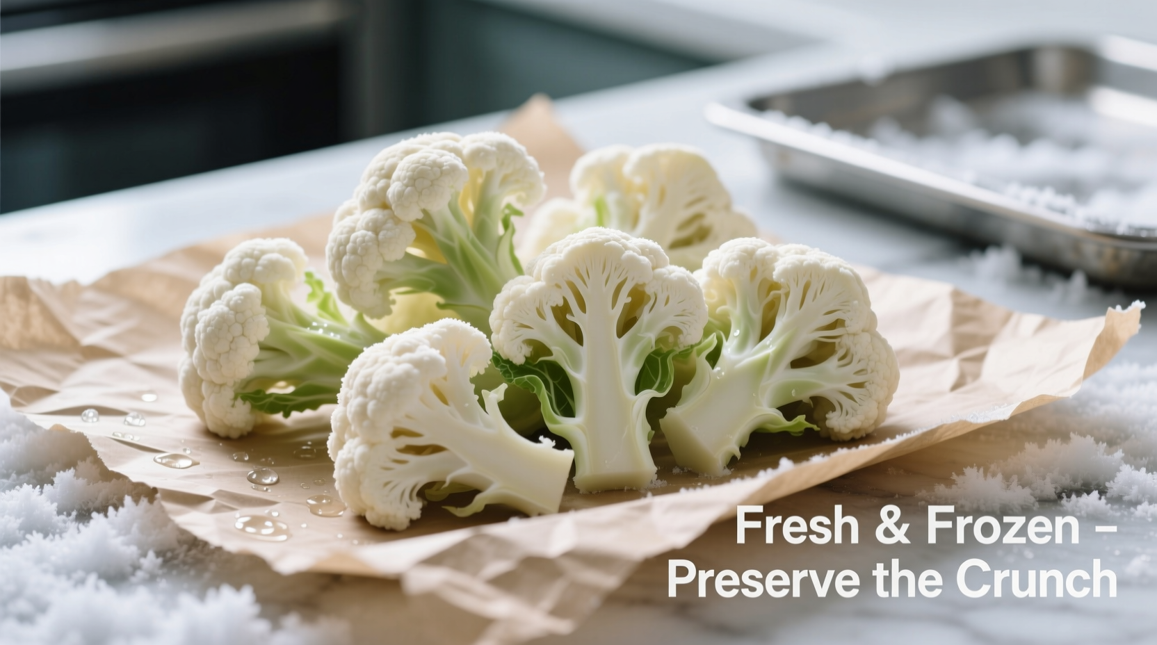 Fresh cauliflower florets arranged on parchment paper before freezing