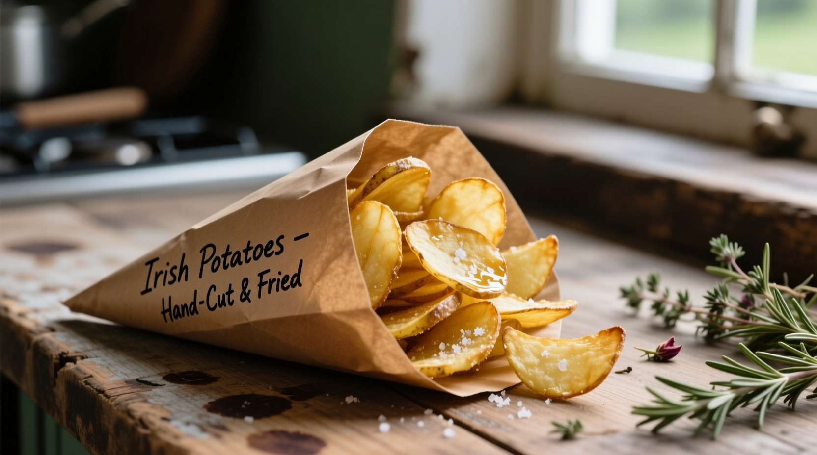 Traditional Irish potato chips in a rustic paper cone
