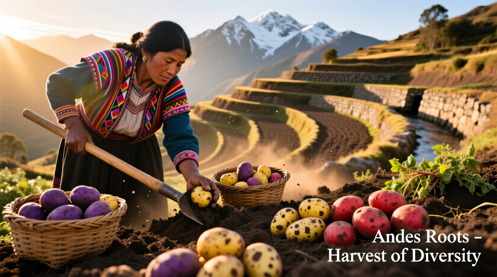 Andean farmers harvesting diverse potato varieties