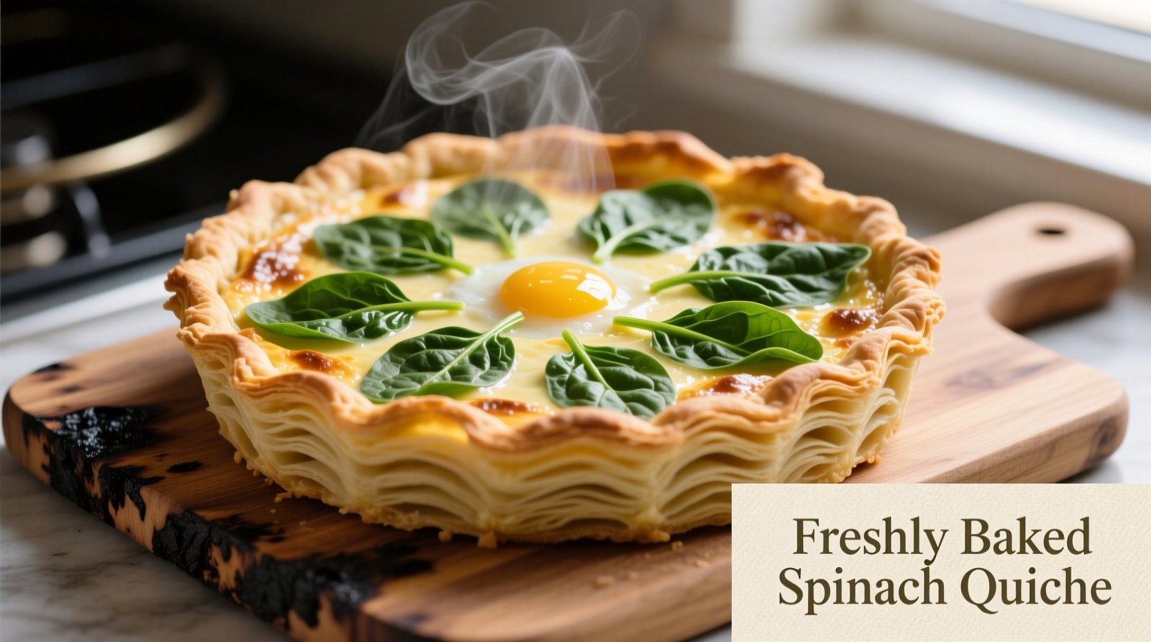Perfect golden-brown spinach quiche with visible flaky crust