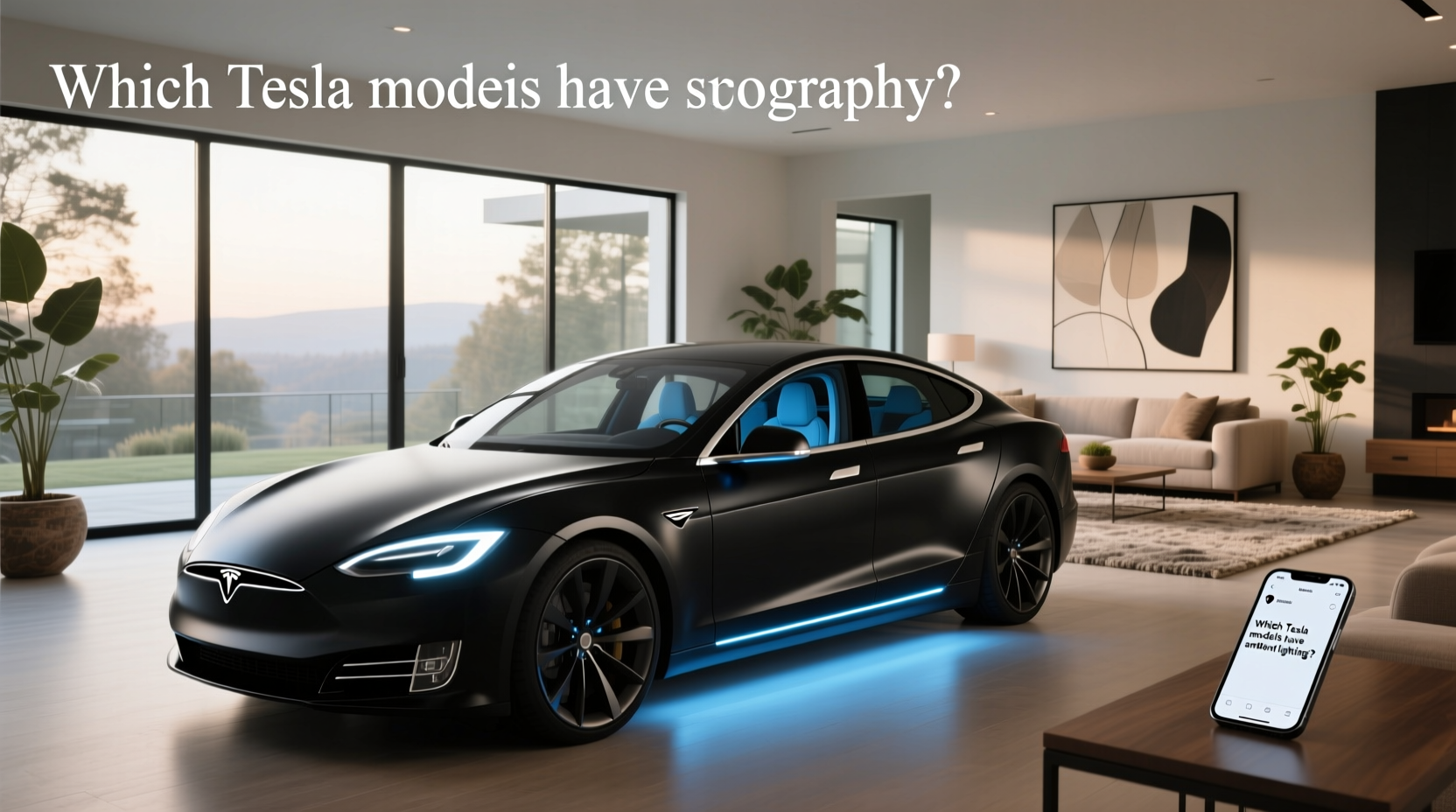 2024 Tesla Model S interior with ambient lighting glowing in blue tone across dashboard and doors