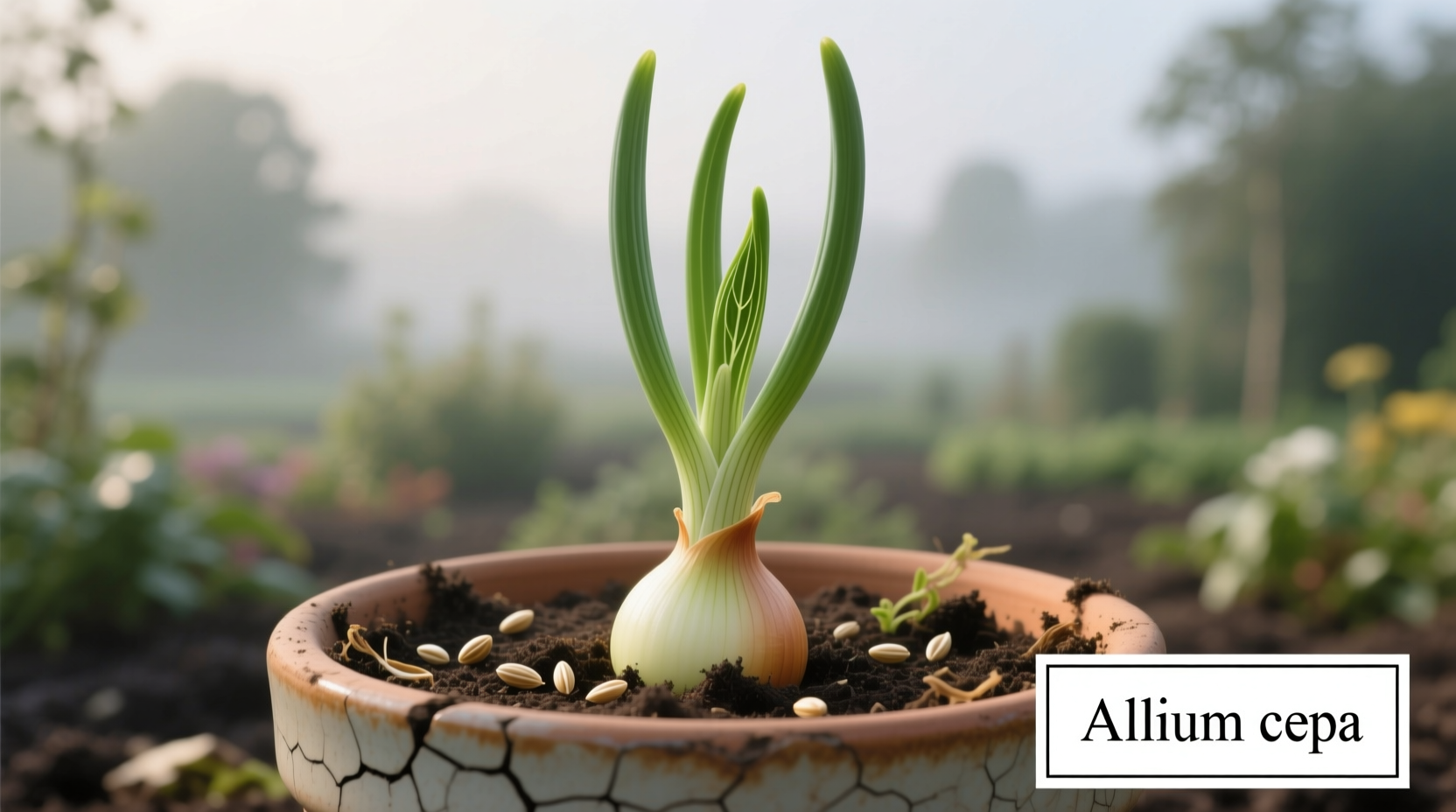 Sprouting onion planted in container with green shoots
