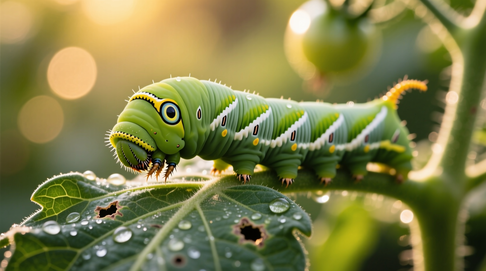 Close-up of tomato hornworm on tomato plant