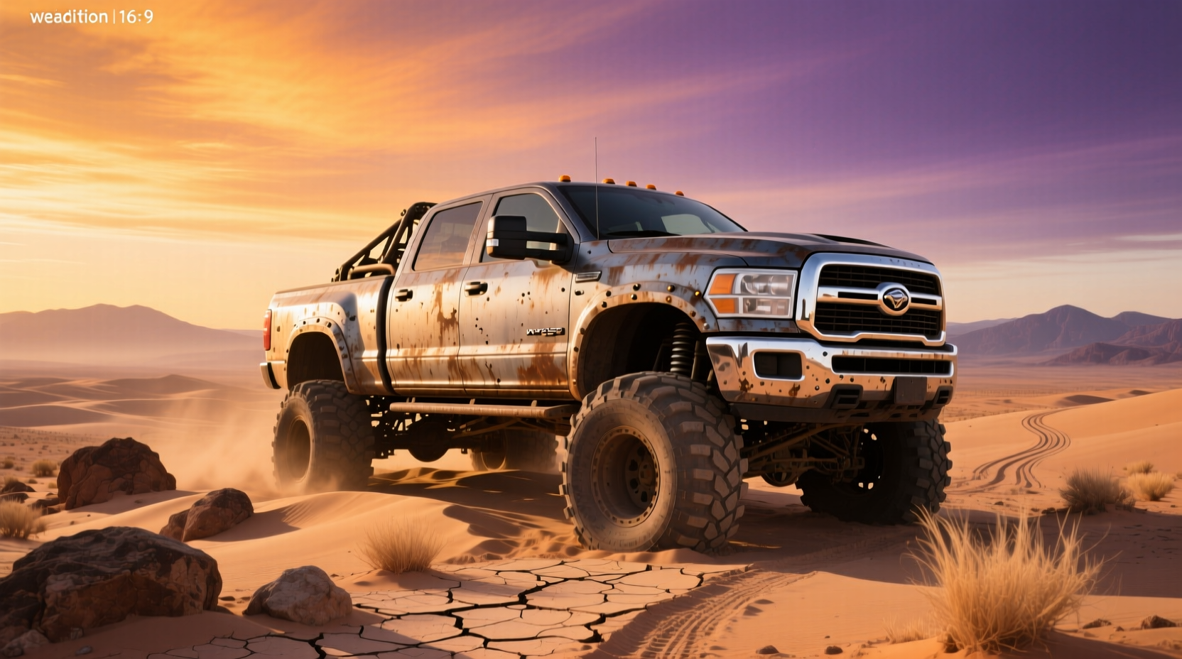 Close-up view of a massive 10-ton truck on rugged terrain