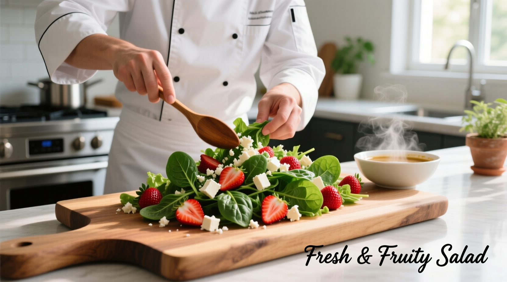 Chef preparing vibrant spinach salad with strawberries and feta