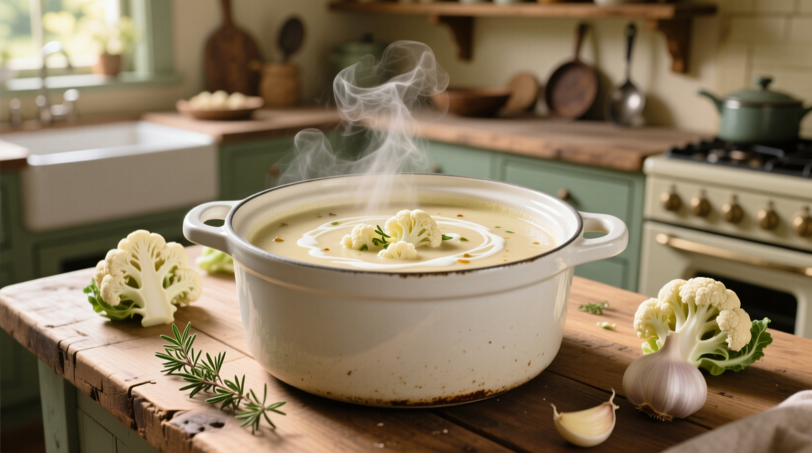 Creamy cauliflower soup in white crock pot