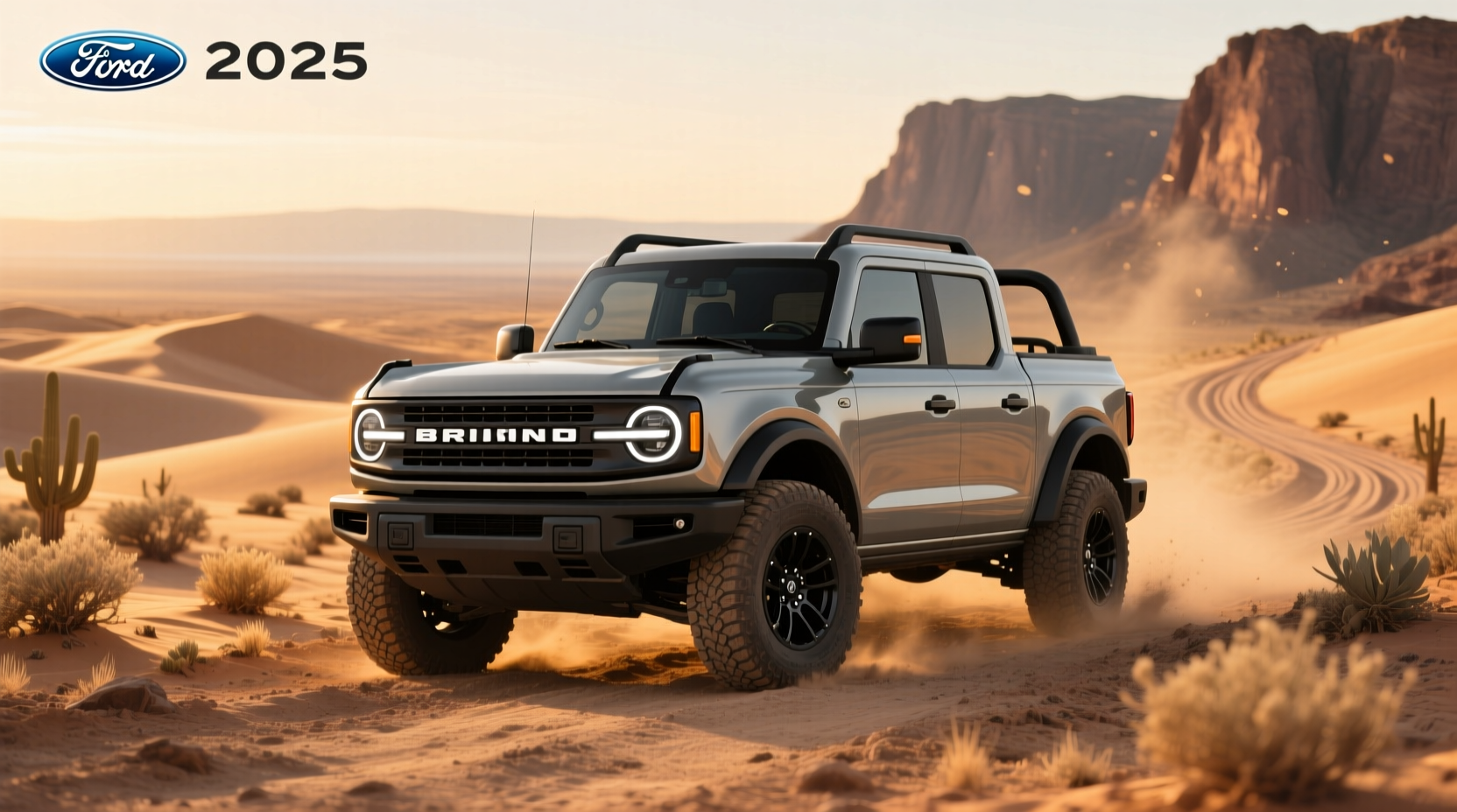 2025 Ford Bronco pickup truck concept rendering showing side profile with open bed