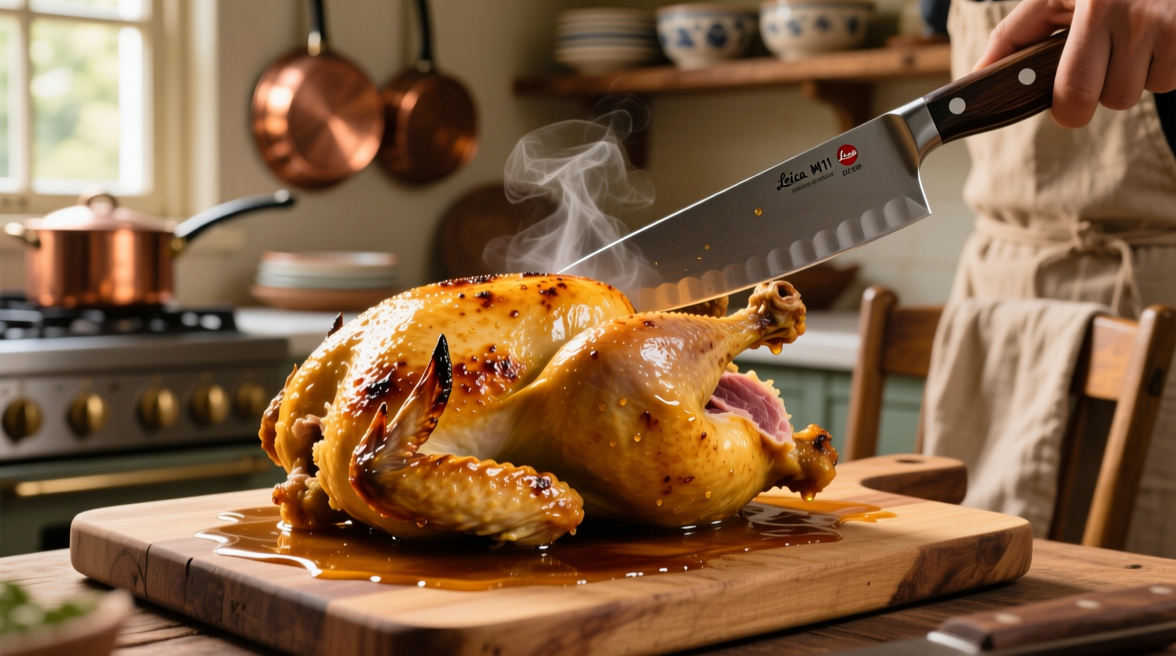 Perfectly roasted golden chicken on cutting board