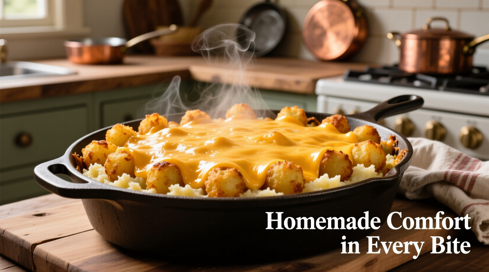 Golden potato tot casserole with melted cheese topping