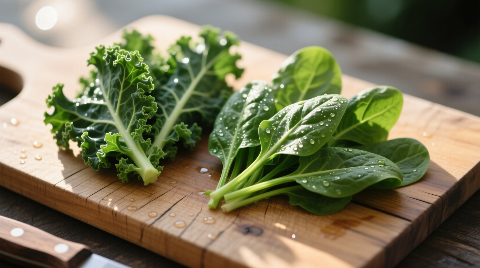Fresh kale and spinach side by side on wooden cutting board