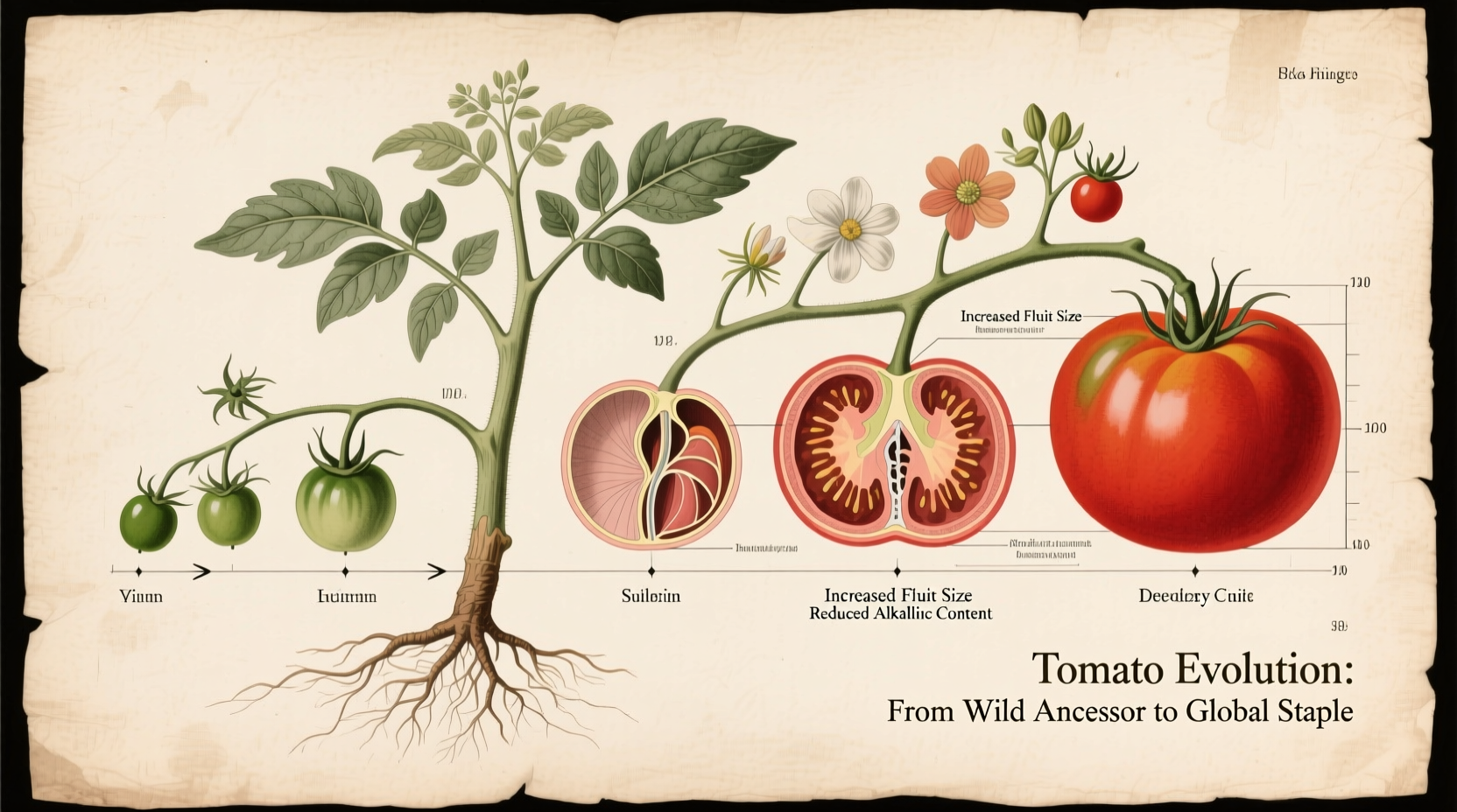Historical illustration of tomato plant evolution