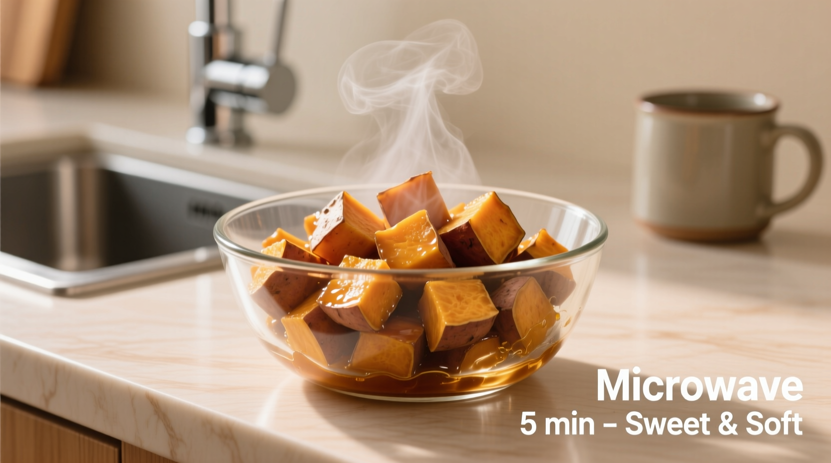 Microwave sweet potato cubes in glass bowl