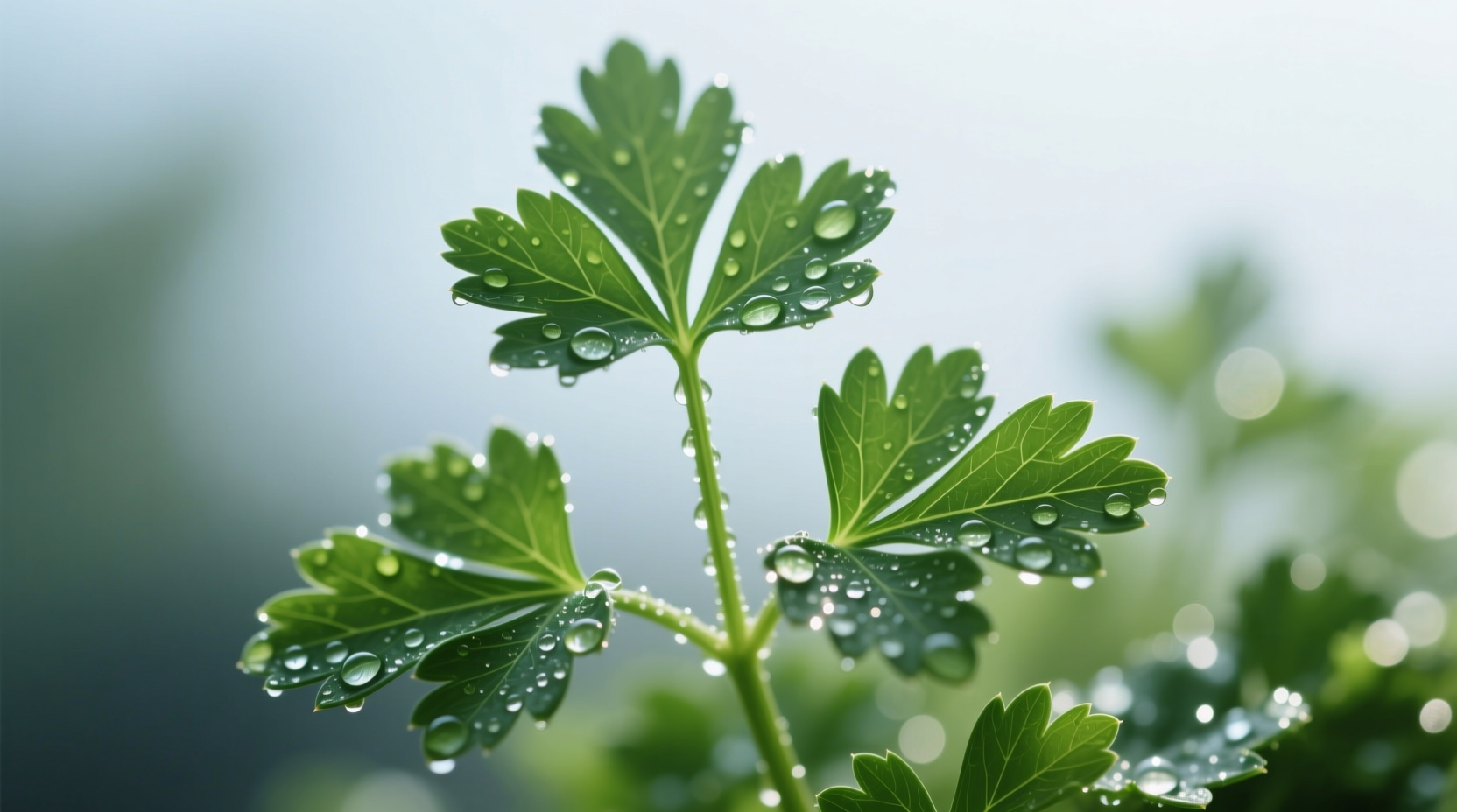 Fresh parsley sprigs with dew drops on leaves
