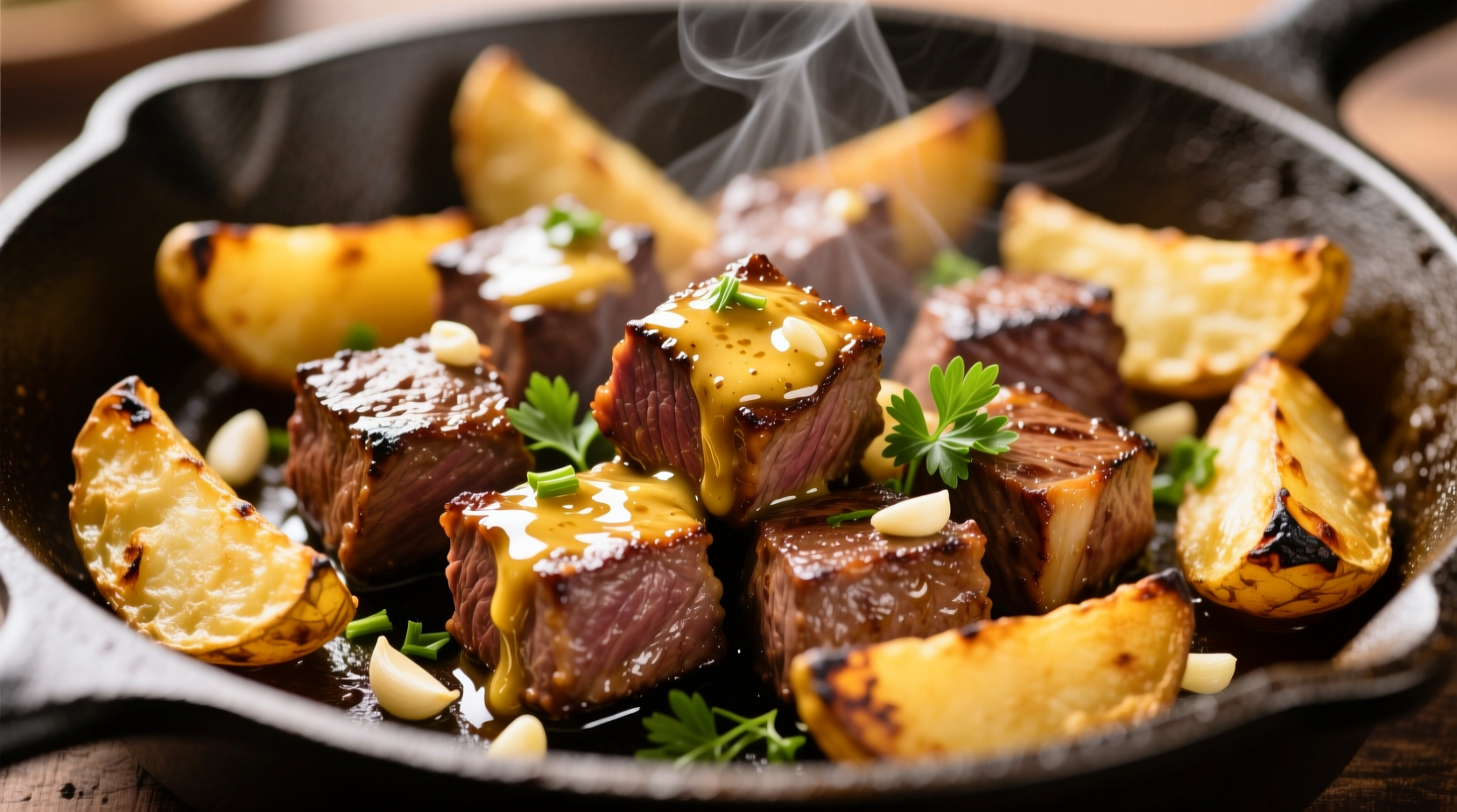 Golden garlic steak bites with crispy potatoes
