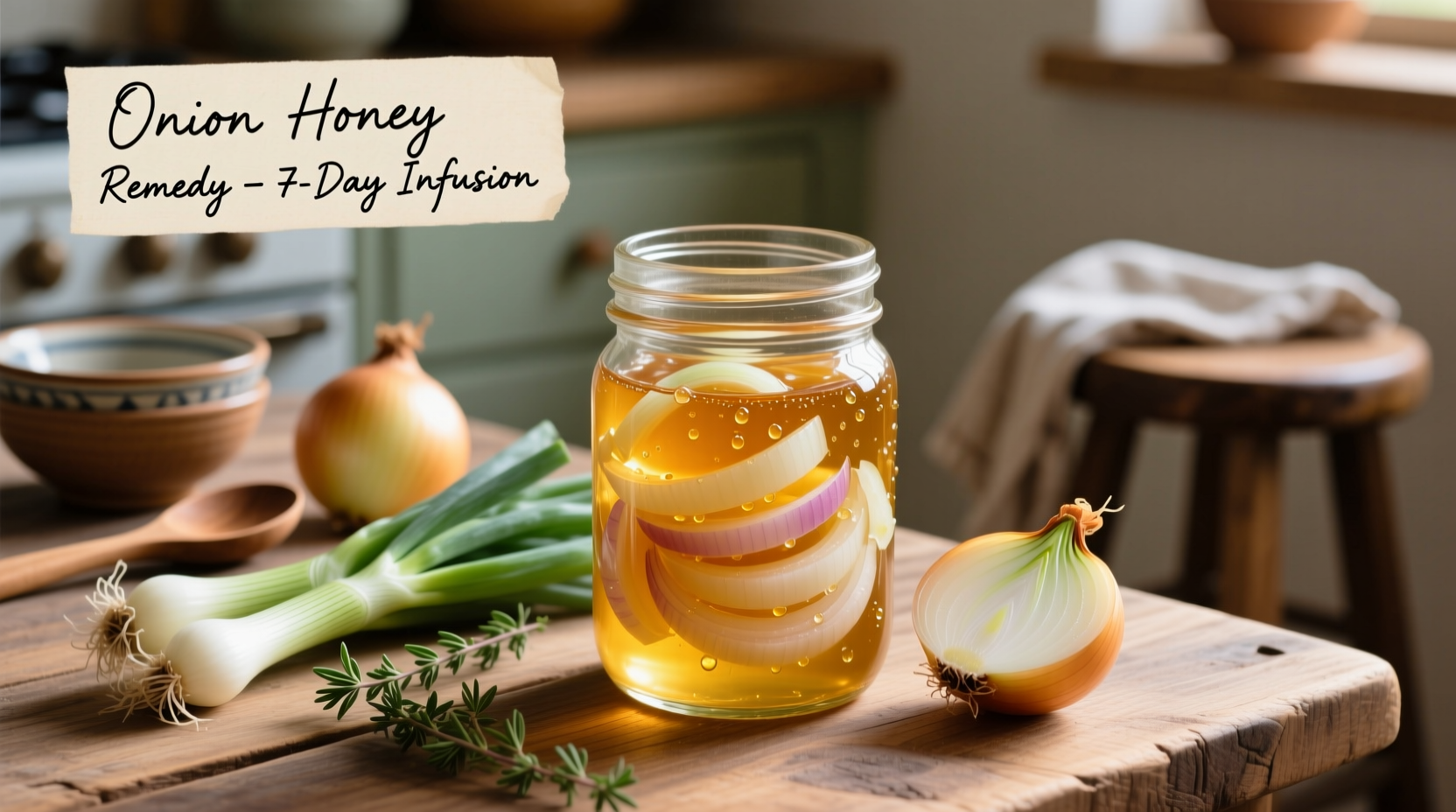 Homemade onion honey remedy in glass jar with fresh ingredients