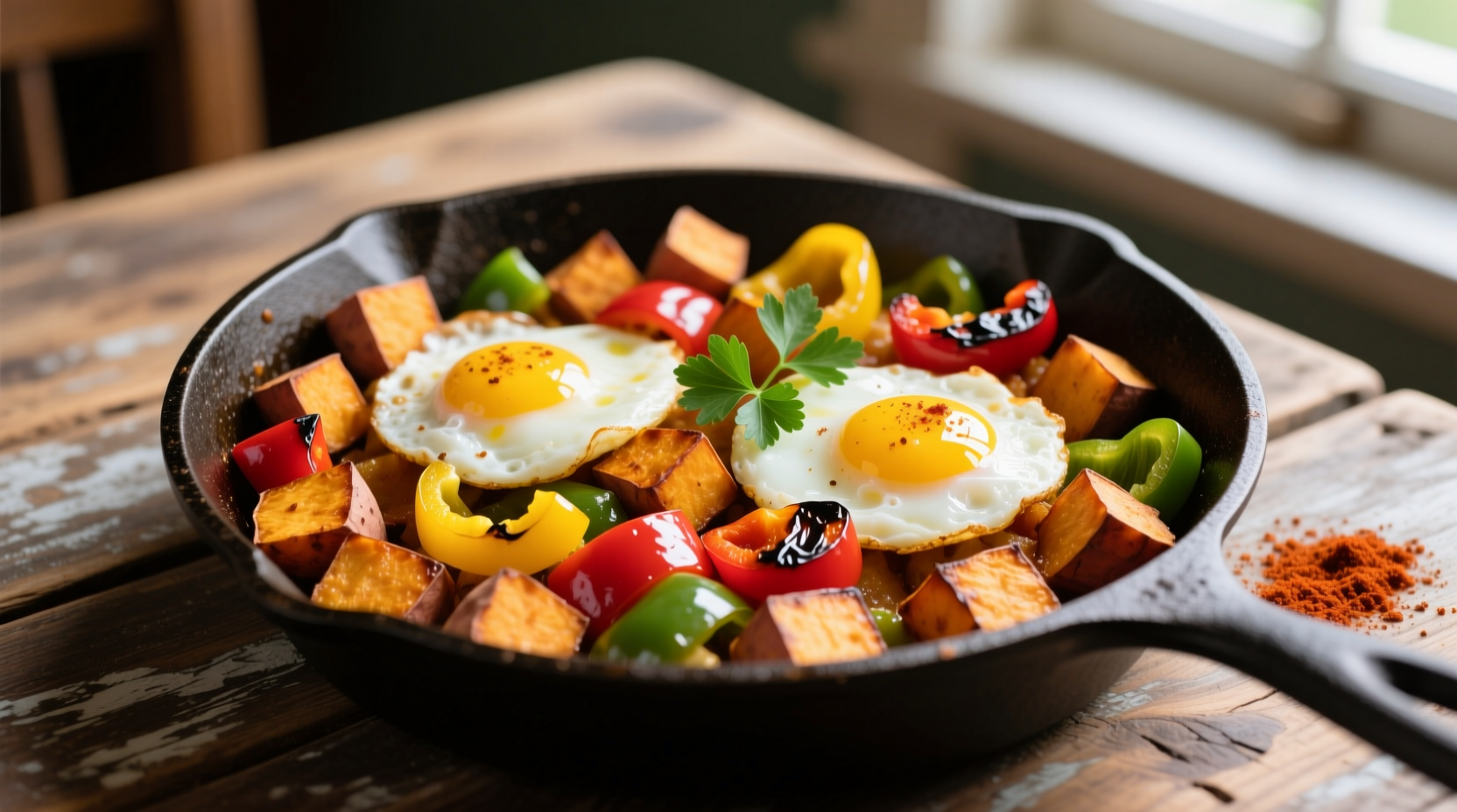 Golden sweet potato hash with bell peppers and eggs