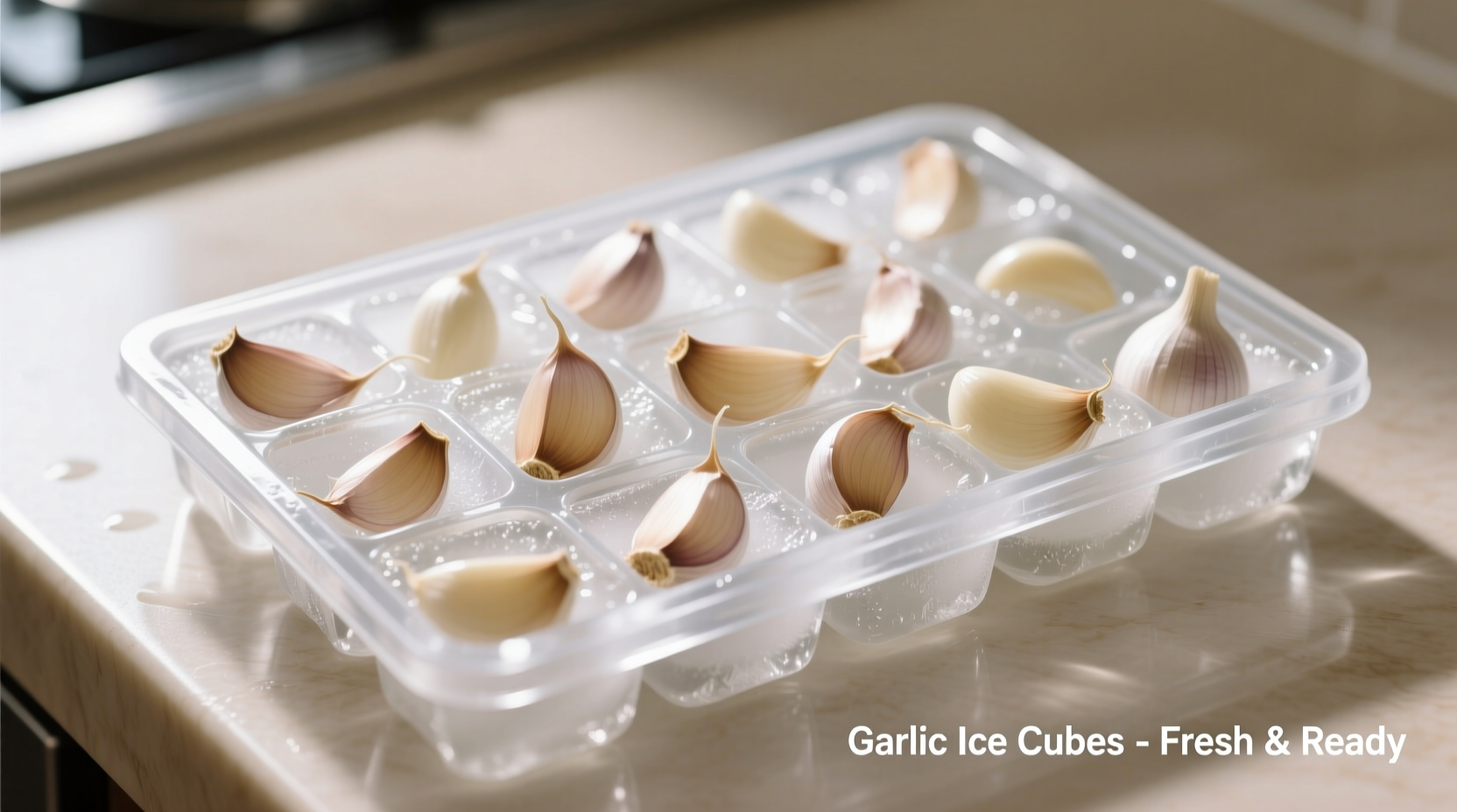 Garlic cloves arranged for freezing in ice cube tray