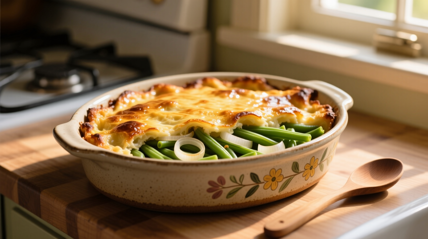 Golden French onion green bean casserole in ceramic dish