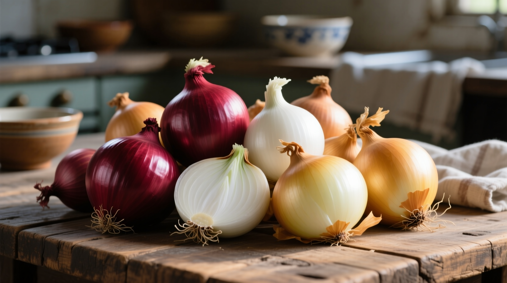 Various onion types including red, white, and yellow varieties