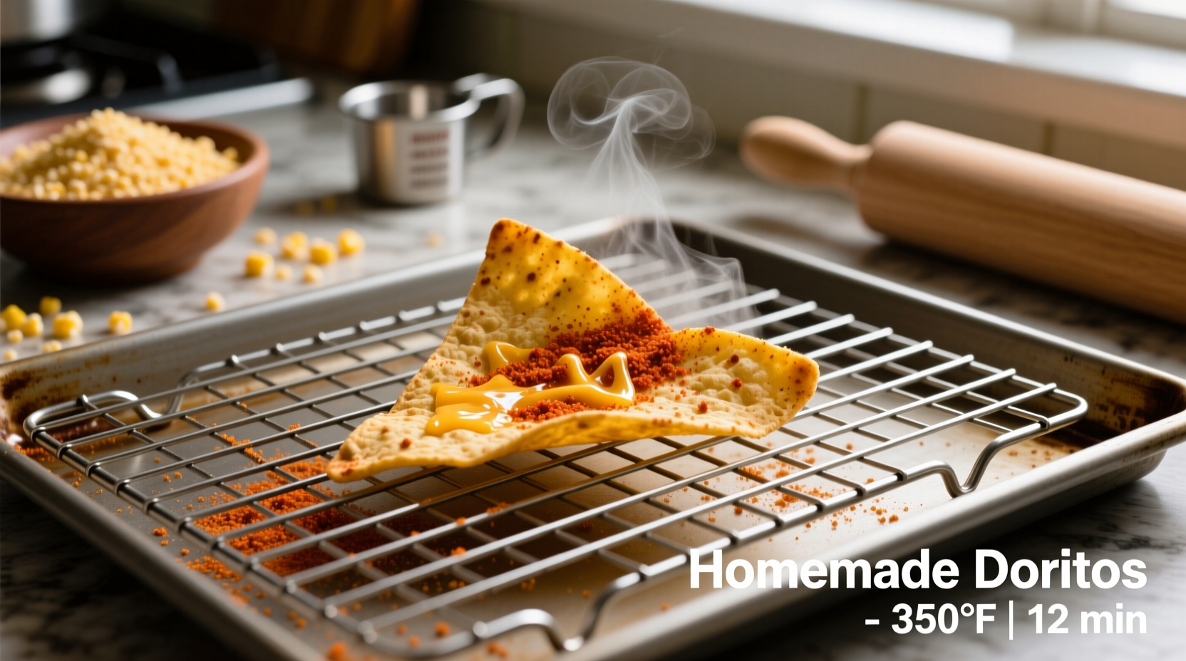 Homemade doritos baking process on wire rack