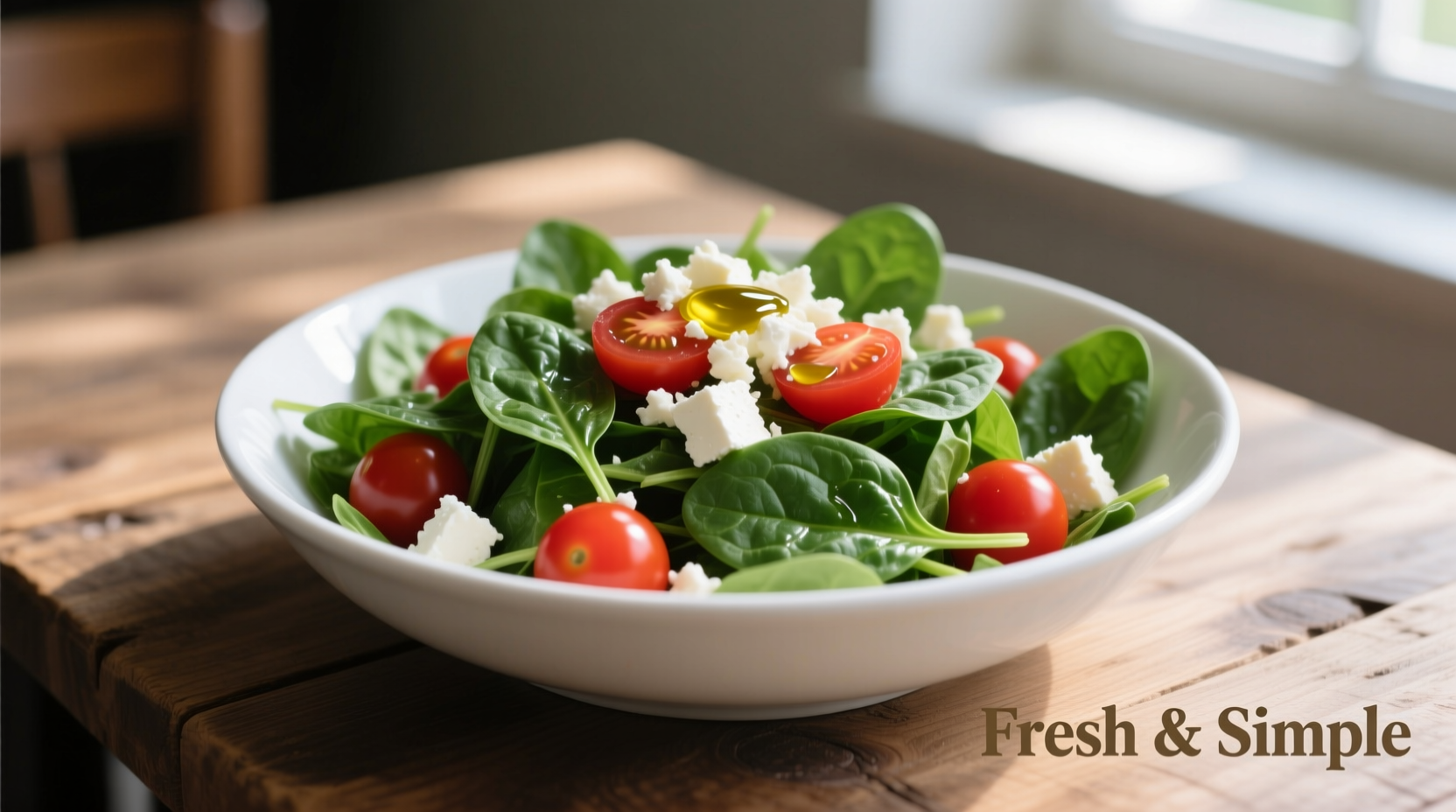 Fresh spinach salad with tomatoes and feta in white bowl