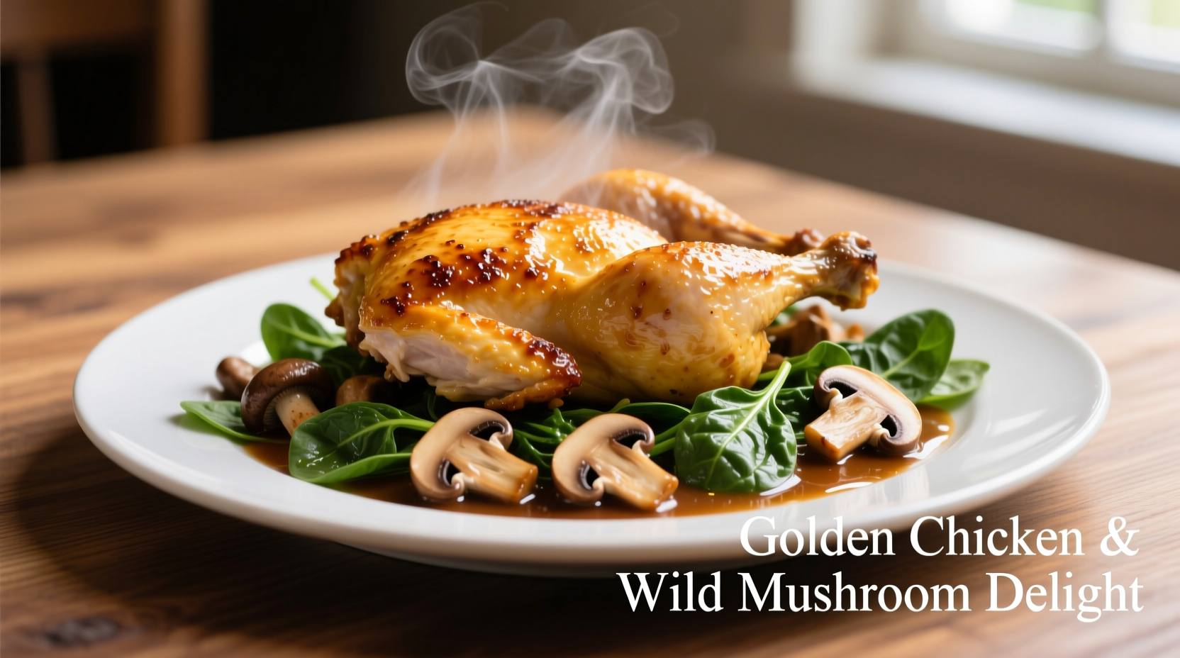 Golden chicken with sautéed mushrooms and fresh spinach