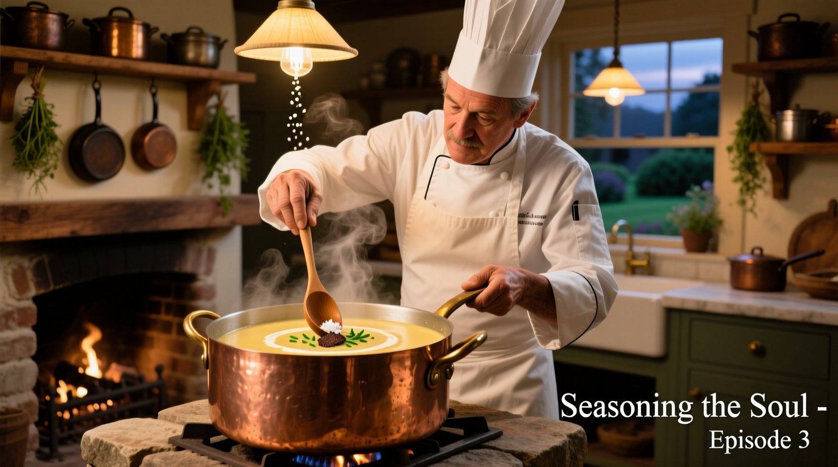 Chef seasoning potato cream soup in copper pot