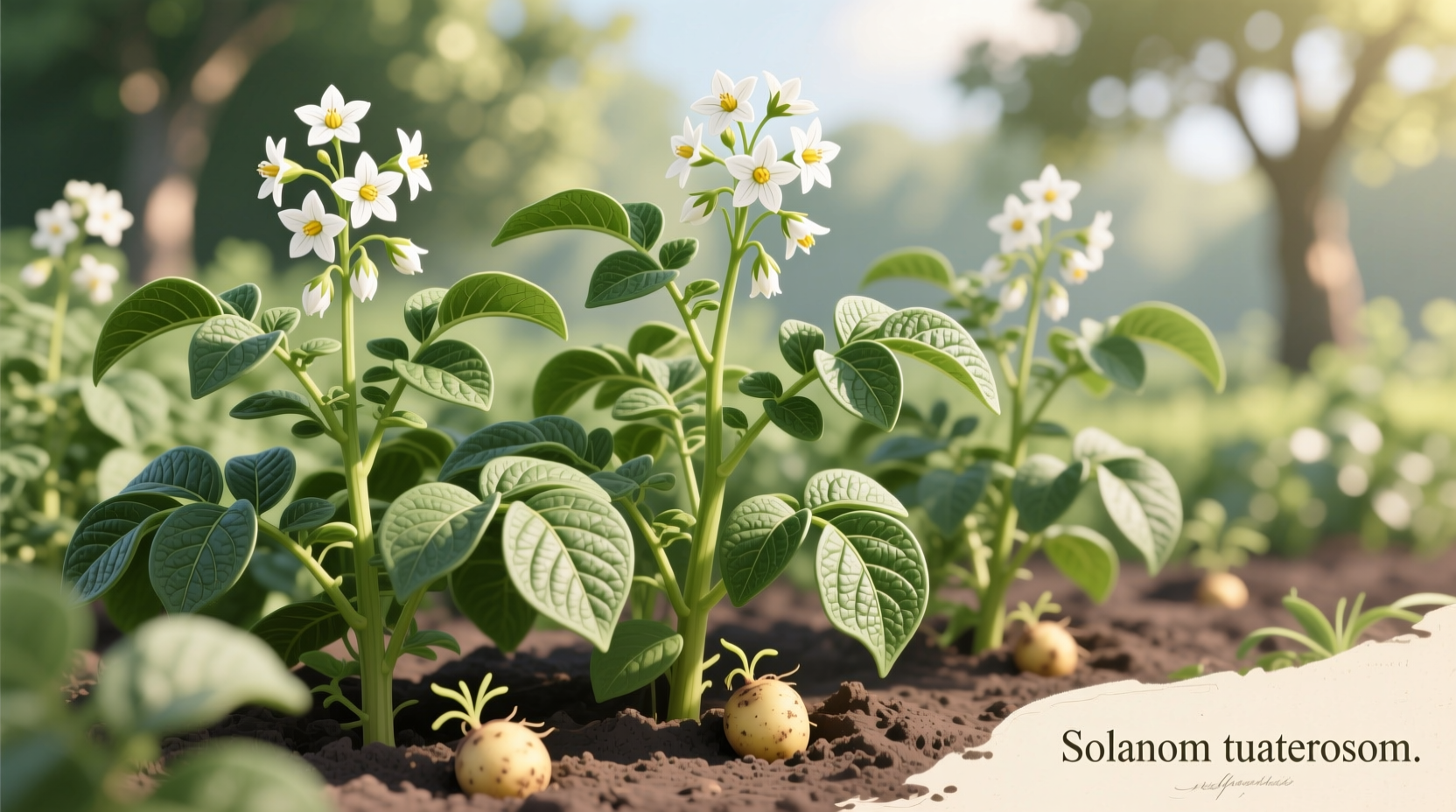 Healthy potato plants with white flowers in garden