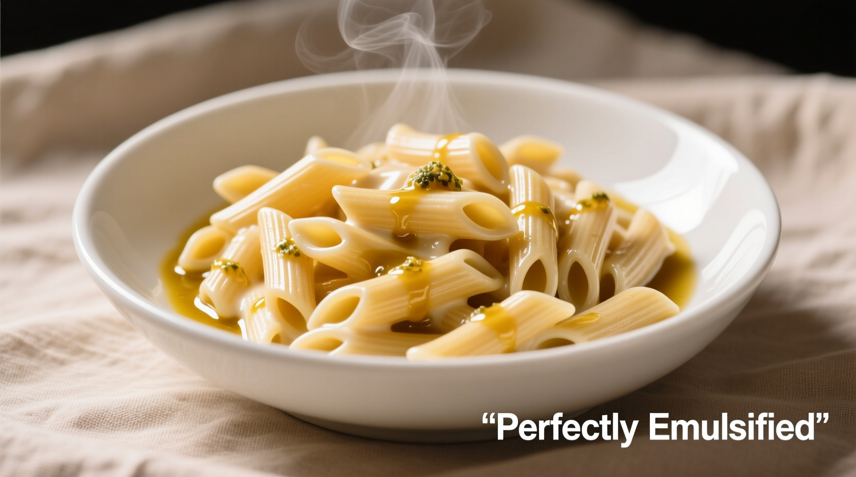 Perfectly emulsified macaroni with garlic and oil in white bowl
