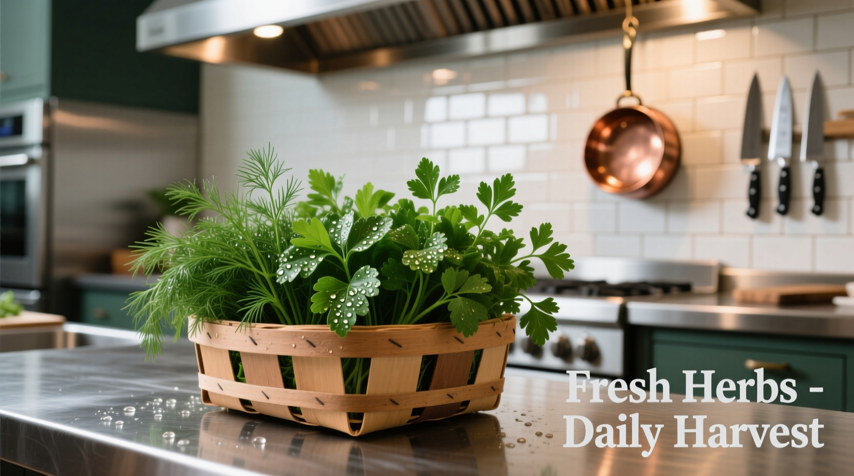 Fresh dill and parsley displayed in a restaurant kitchen