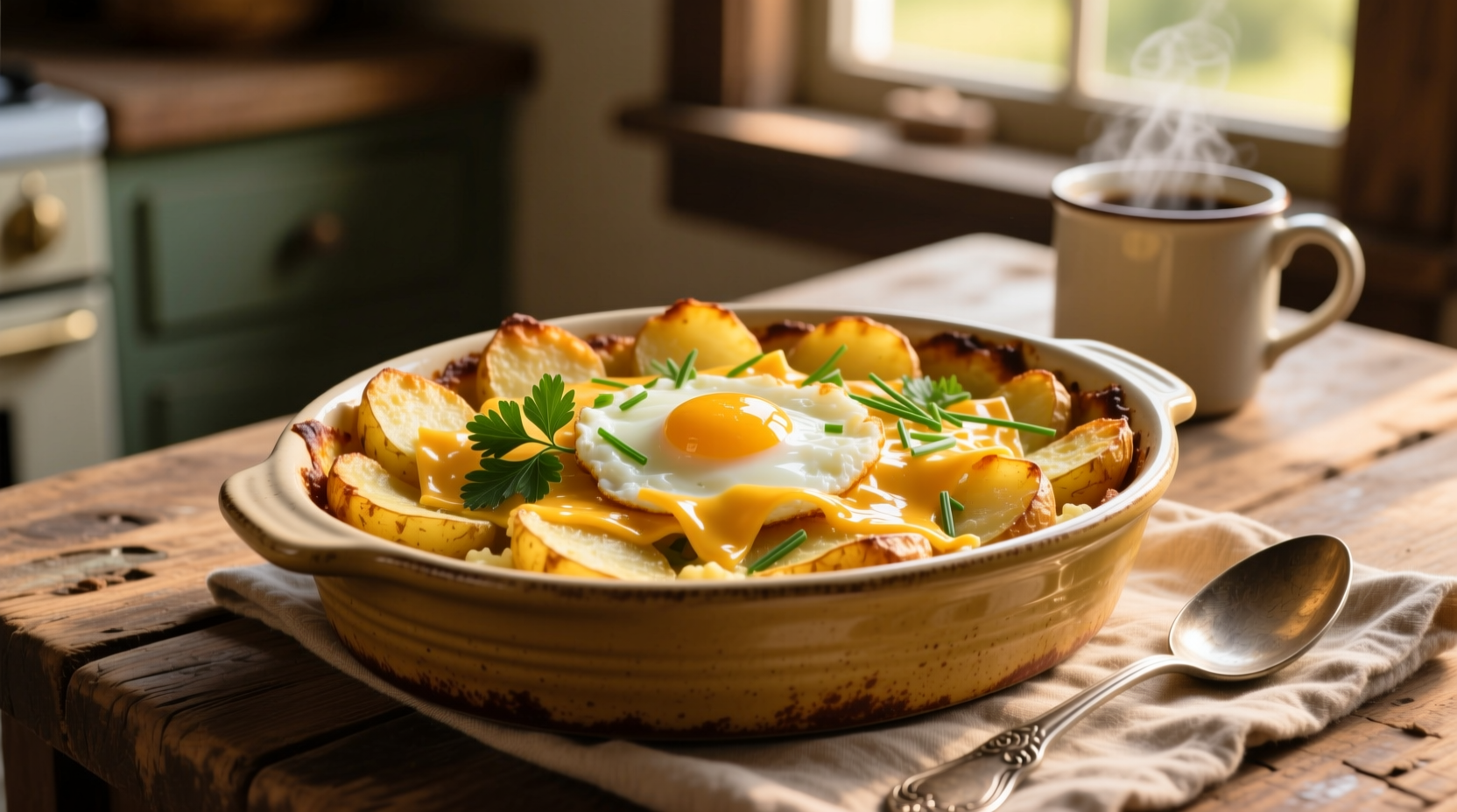 Golden egg and potato breakfast casserole in baking dish