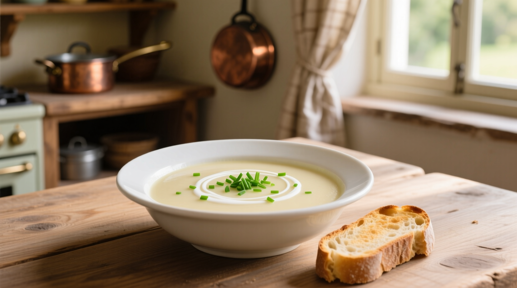 Creamy potato leek soup in white bowl