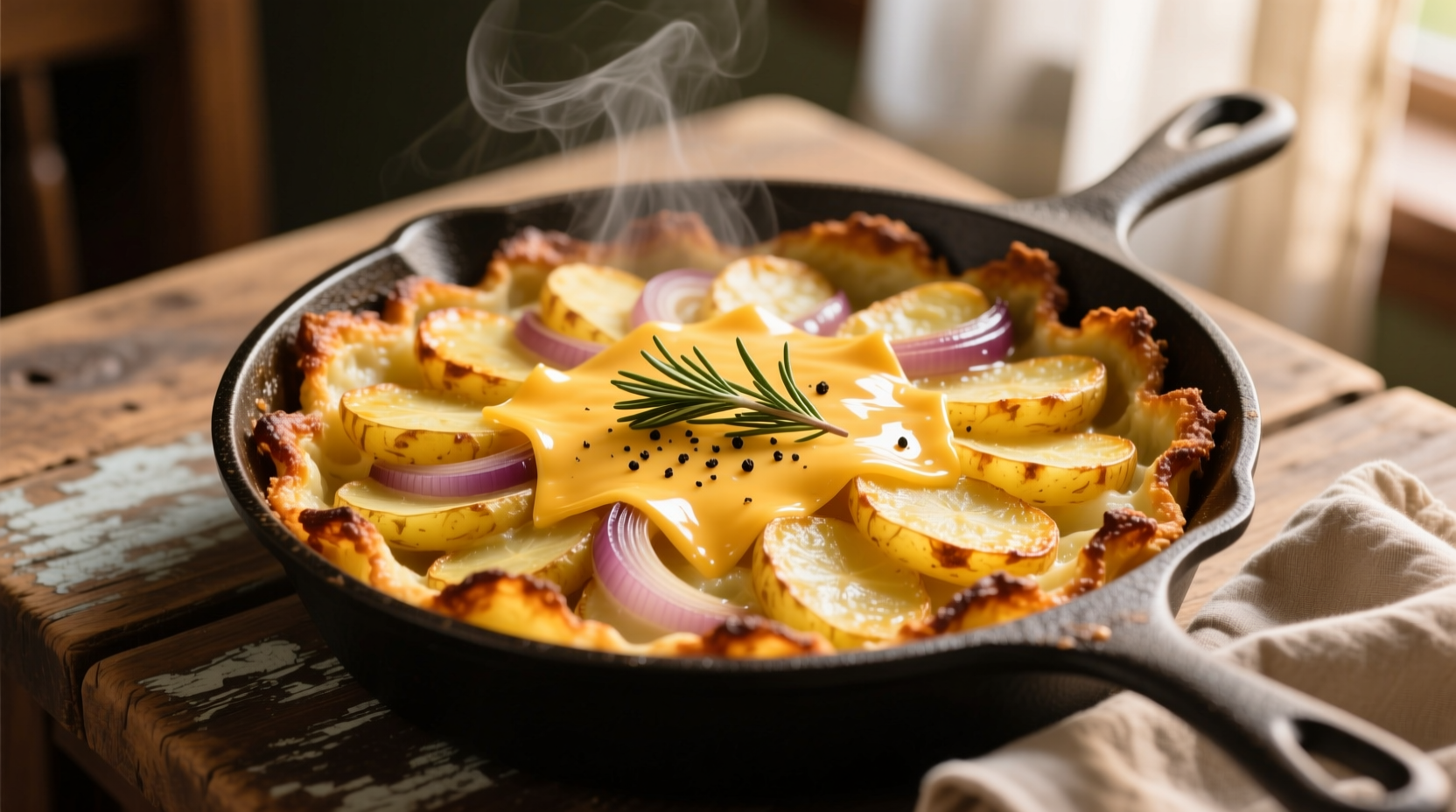 Golden breakfast potato casserole with crispy edges