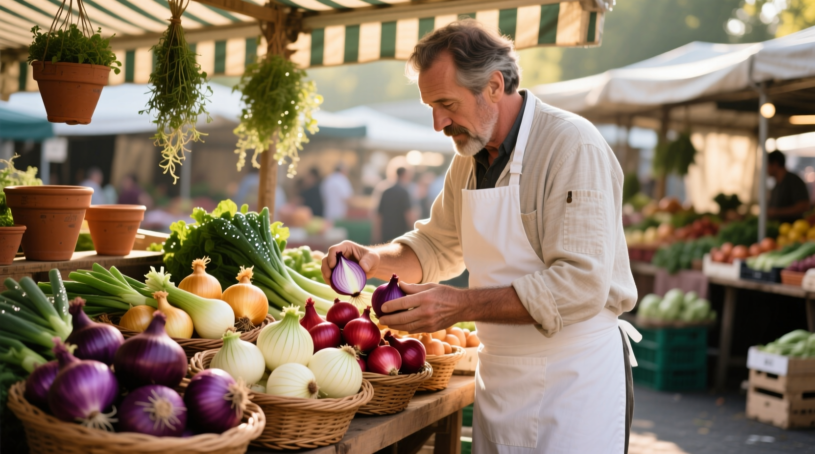 Chef selecting different onion varieties at market