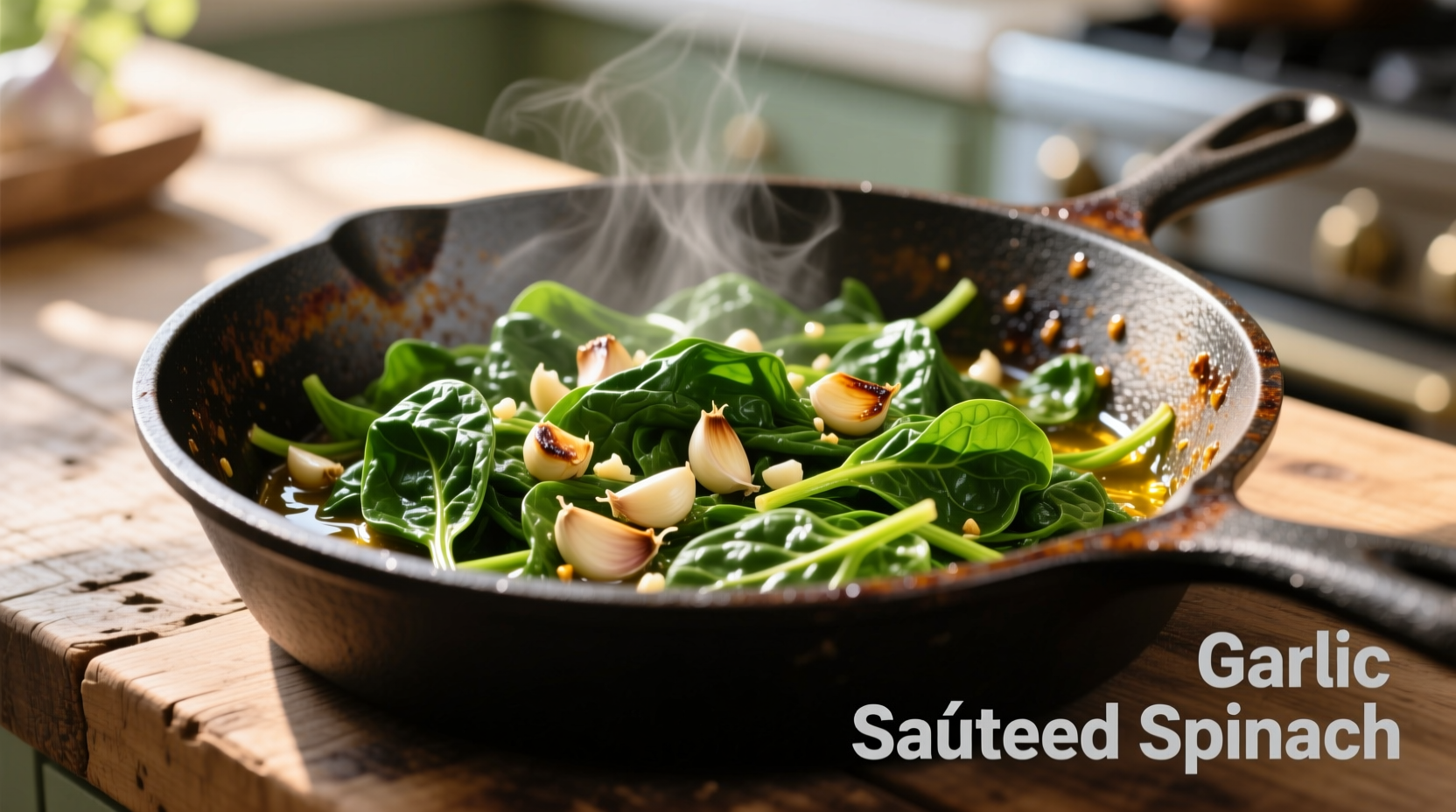Fresh garlic sautéed spinach in cast iron skillet