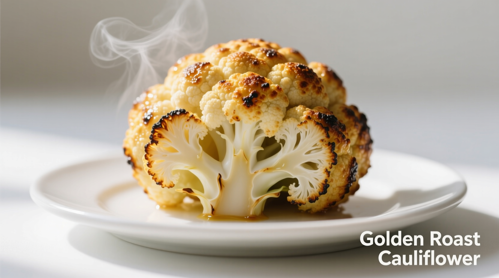 Golden roasted whole cauliflower head on white plate