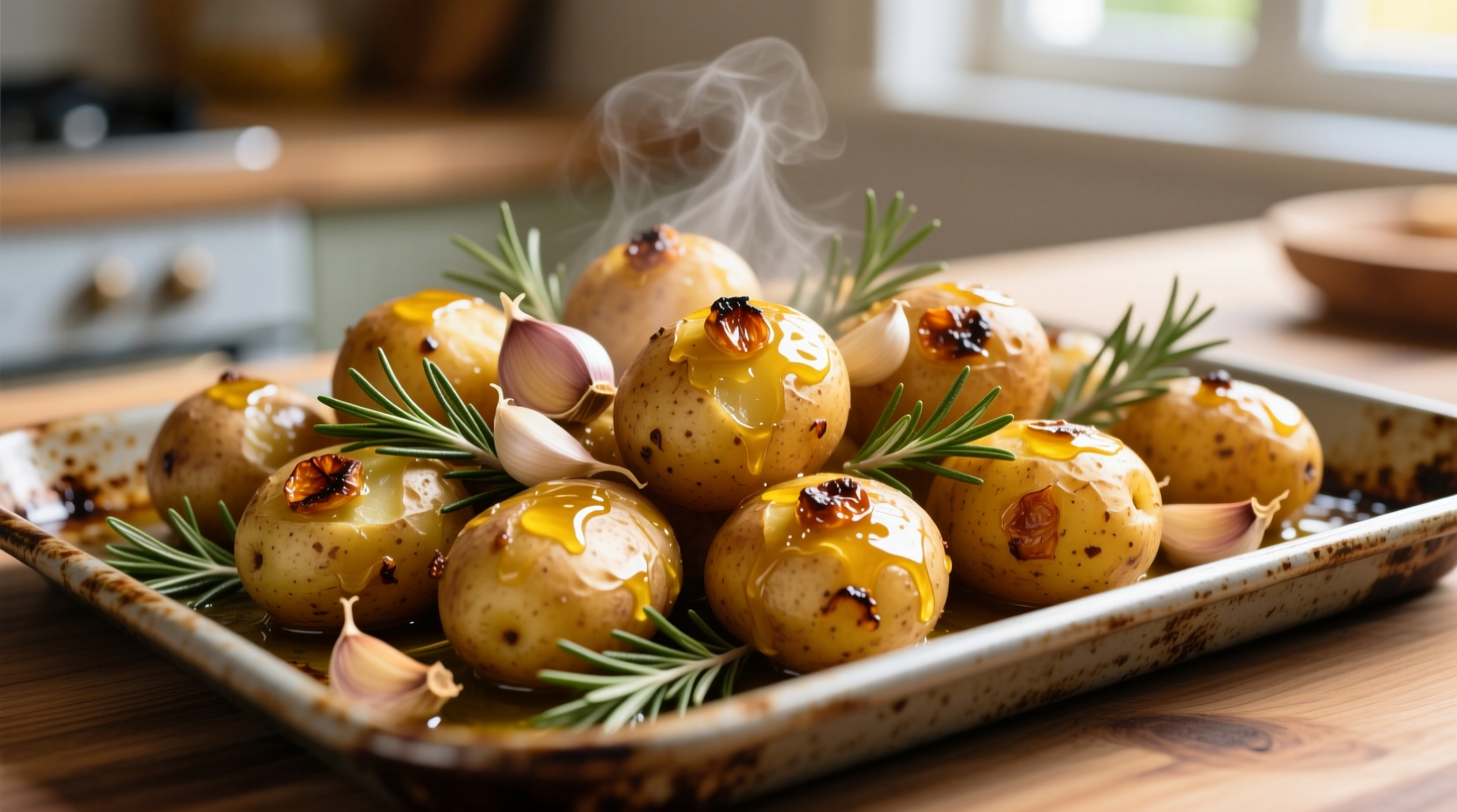 Golden roasted garlic potatoes with fresh rosemary on baking sheet