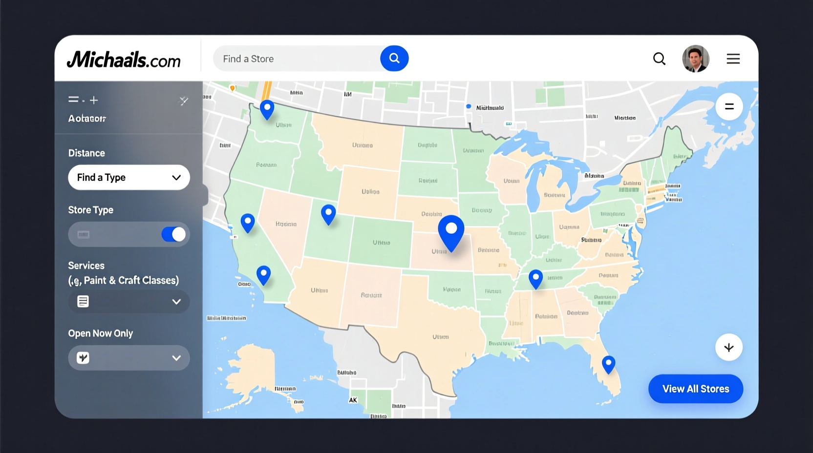 Michaels website store locator interface showing map and filters