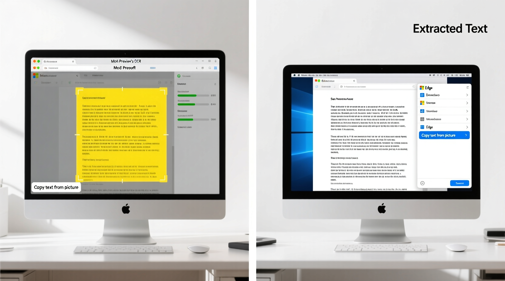 Side-by-side comparison showing macOS Preview's OCR interface with highlighted text extraction window and Windows Edge's context menu showing 'Copy text from picture' option, both running on clean, well-lit document scans