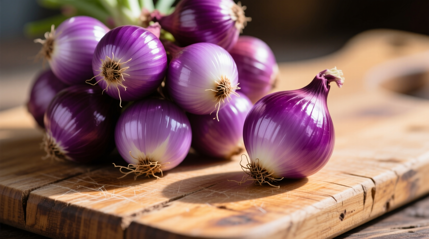 Fresh purple onions with vibrant violet skin on wooden cutting board