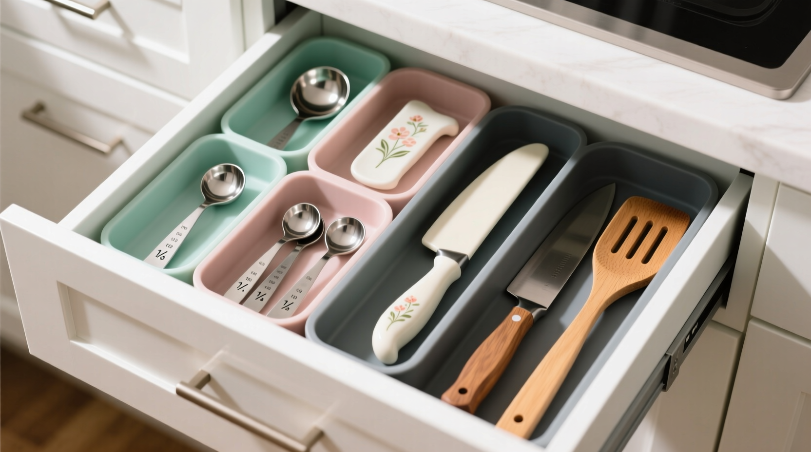 Top-down view of a 16-inch kitchen drawer with interlocking silicone dividers holding stainless steel measuring spoons, ceramic knife sheaths, and wooden spatulas—all fully visible, upright, and immobile when drawer is pulled halfway out