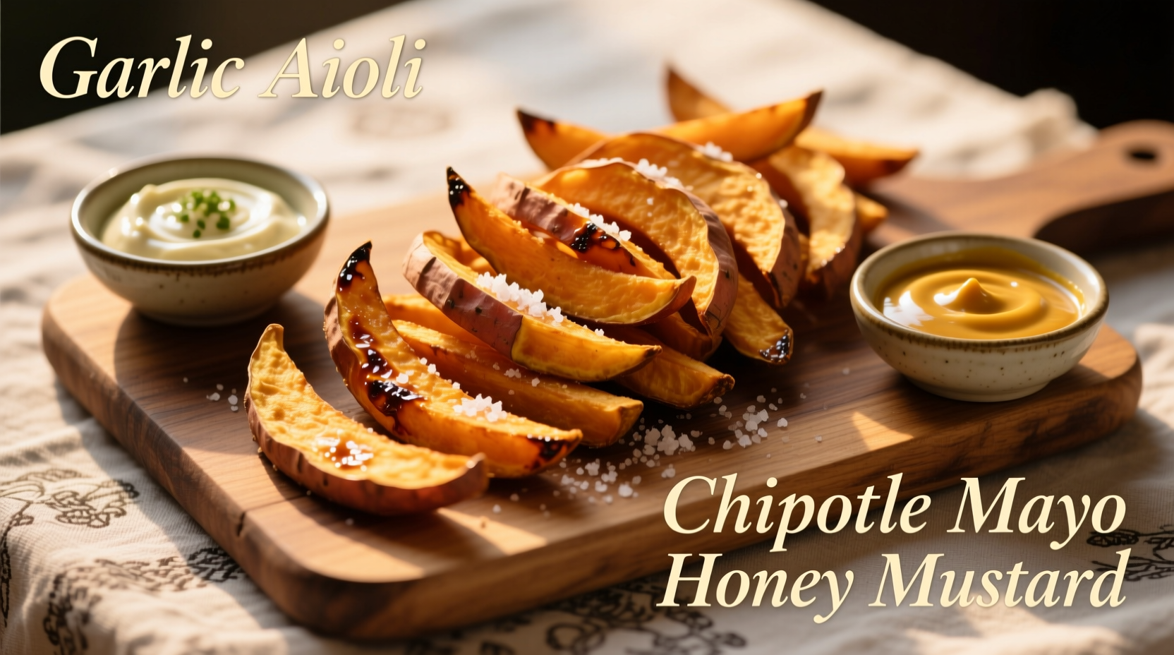 Sweet potato fries with various dipping sauces arranged artfully