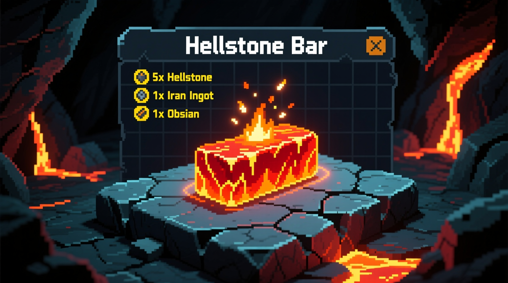 Crafting menu showing Hellstone Bar recipe in Terraria