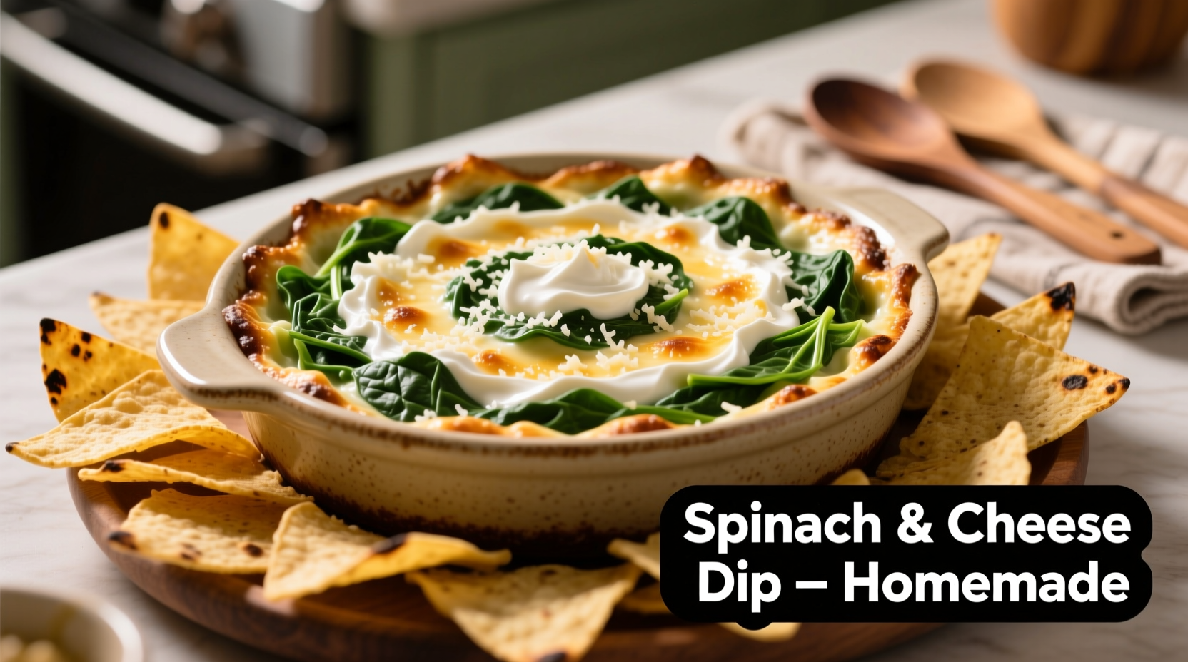 Creamy spinach dip in baking dish with tortilla chips