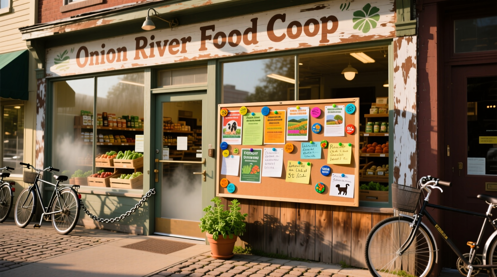 Onion River Food Co-op storefront with community bulletin board