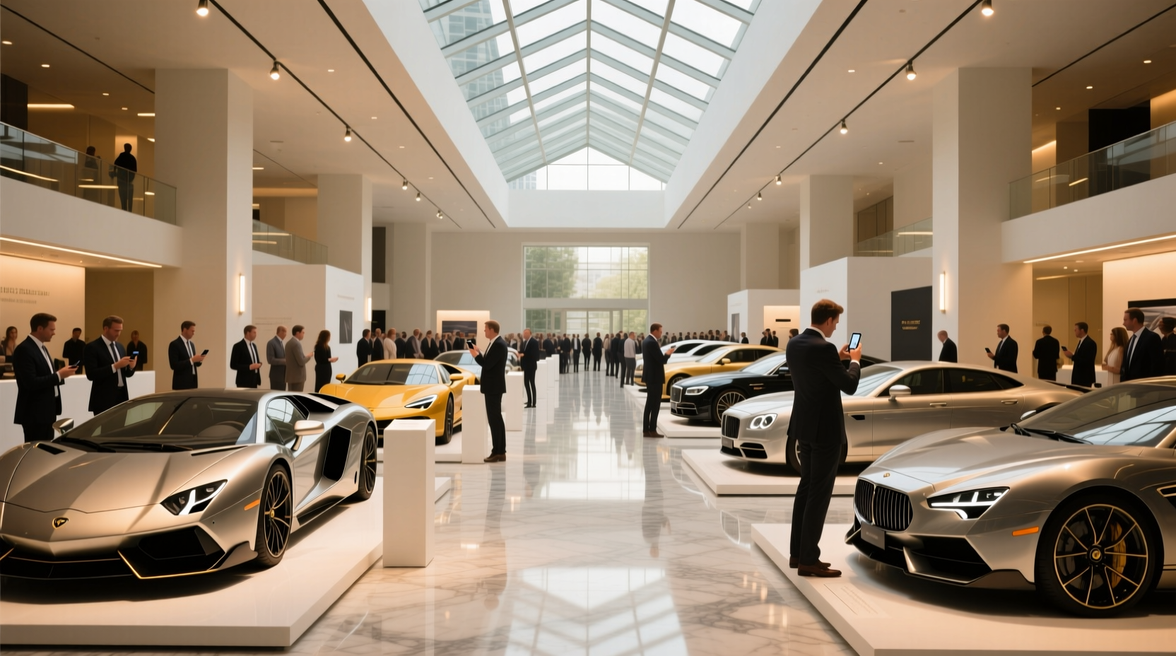 Luxury car displayed at an indoor auction event with digital bidding interface