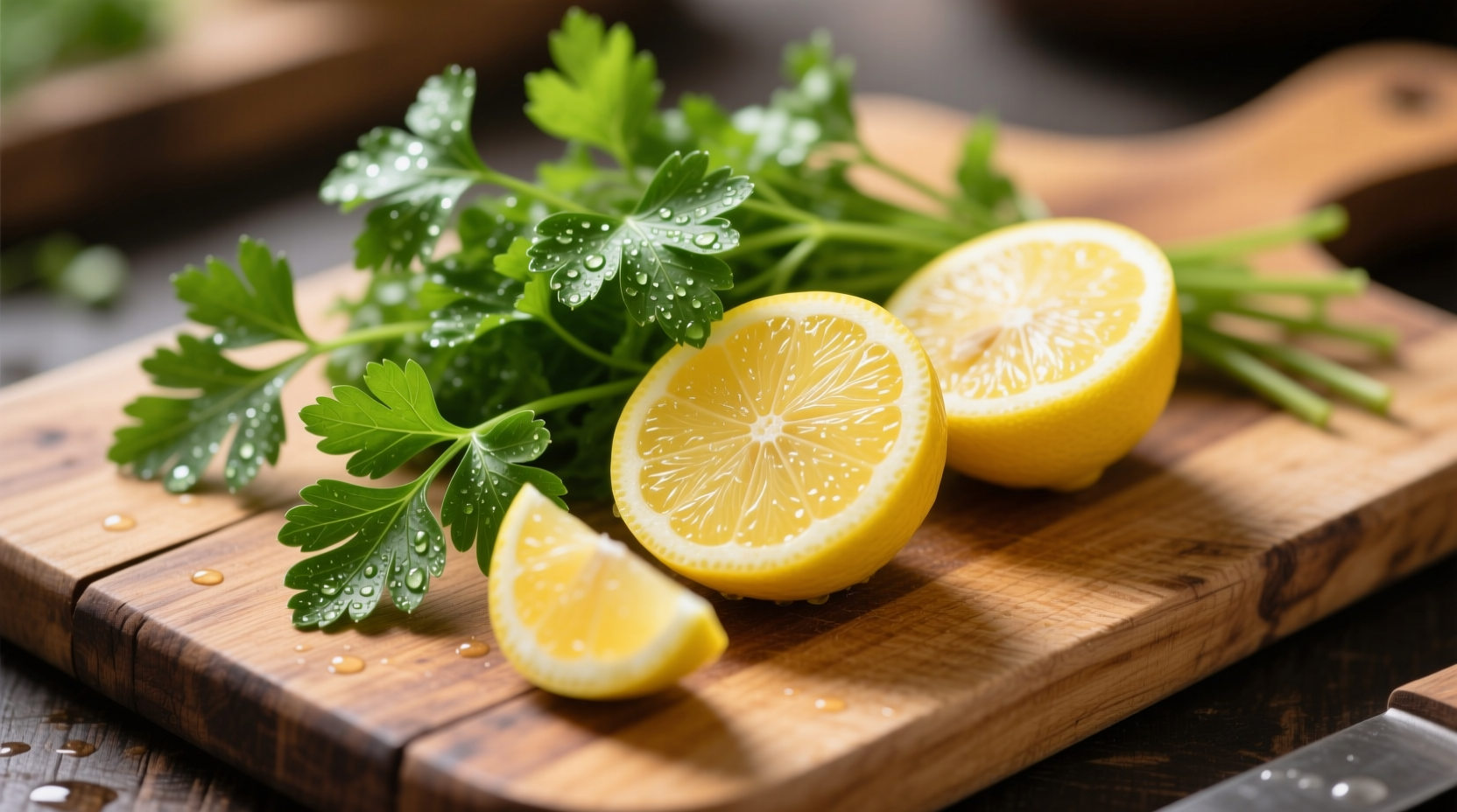 Fresh parsley and lemon on cutting board